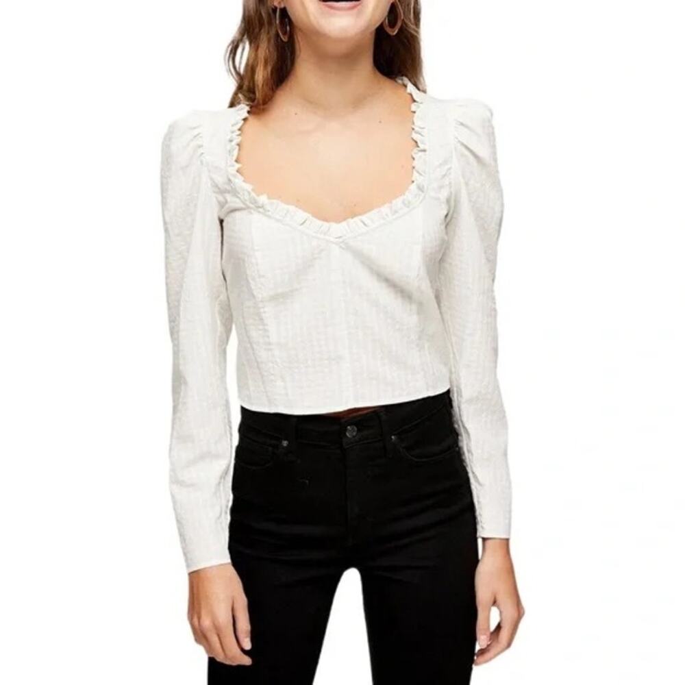 Topshop White Textured Ruffle Trim V Neck Coquette Romantic Blouse Size 8